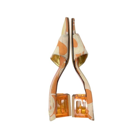 FENDI Vintage FF Logo Sandals Block Heels #36.5 Orange Gold Canvas [106216] - Picture 6 of 11